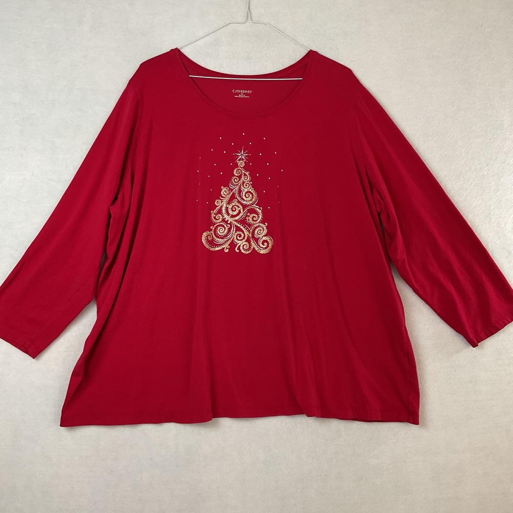 Catherines Womens 3X Red Glitter Christmas Tree Rhinestone Long Sleeve Top 26/28